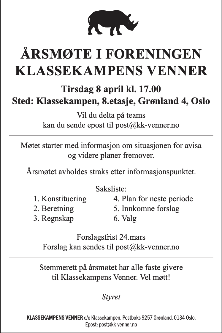 Innkalling til Årsmøte i Klassekampens venner